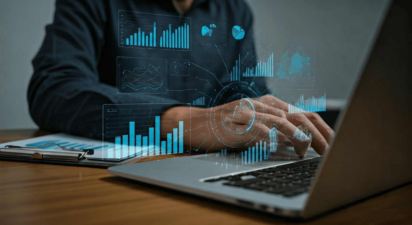 Person researching keywords on laptop.