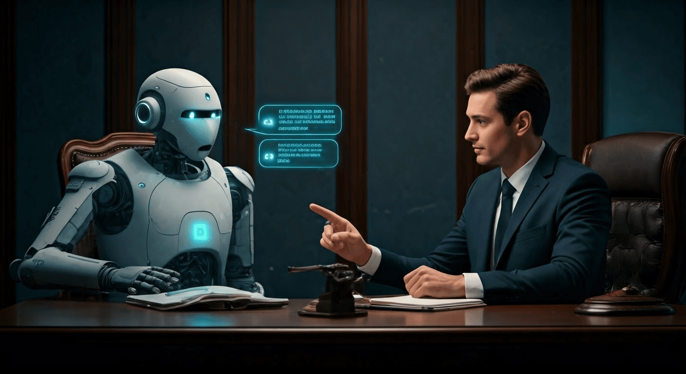 Lawyer using chatbot in modern office.