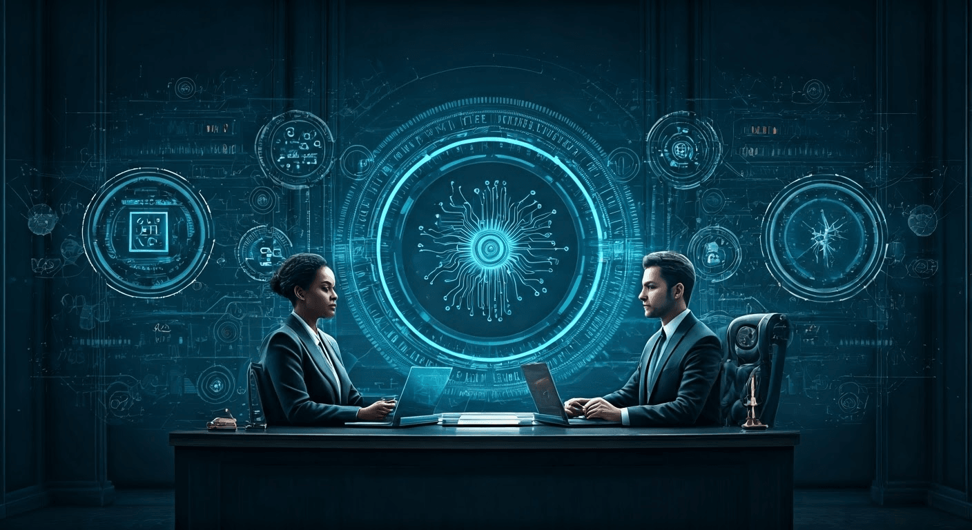 Futuristic law office with AI integration
