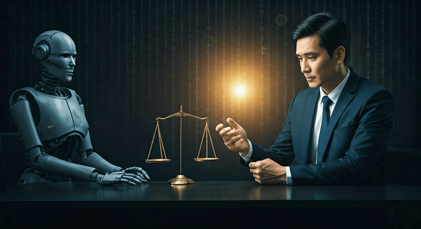 Lawyer considering ethics with chatbot.