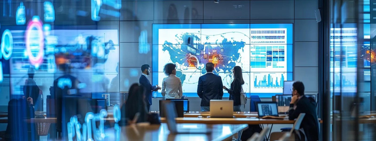 a bustling, modern office space filled with diverse professionals collaborating around digital screens displaying analytics and marketing strategies, highlighting the dynamic nature of effective web marketing channels.