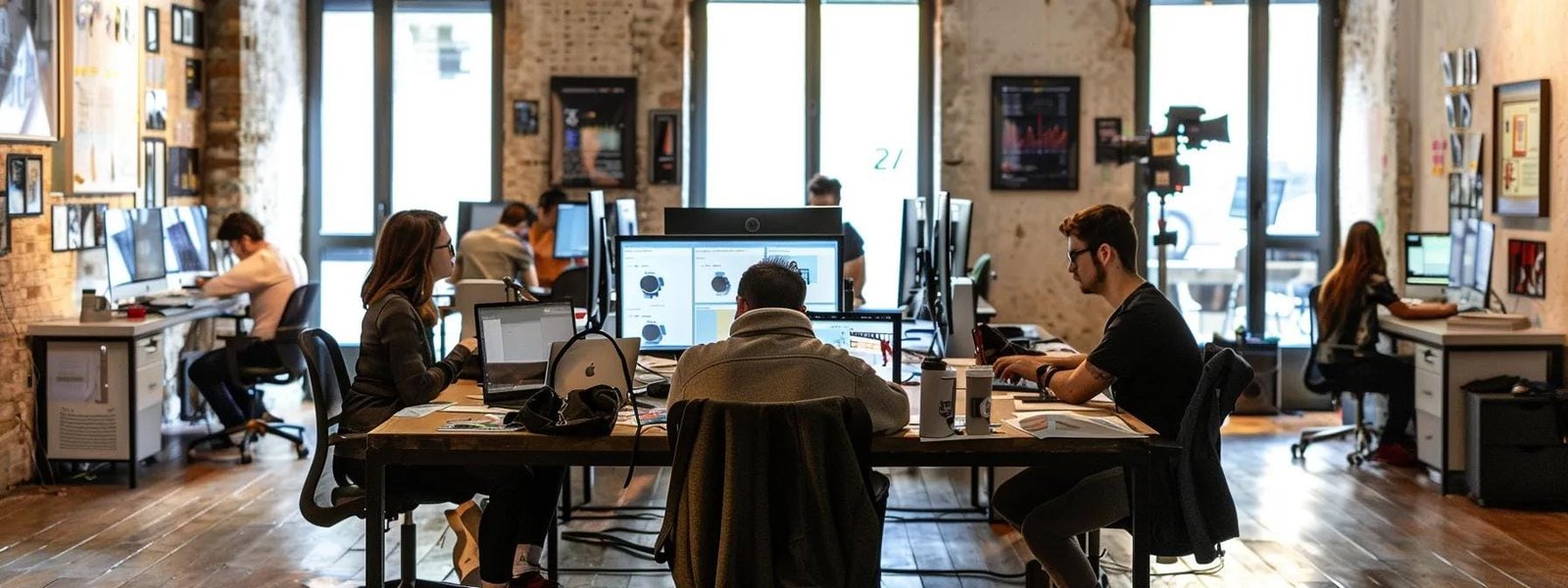 a dynamic digital marketing agency workspace bustling with creative professionals collaborating over screens displaying vibrant infographics and data analytics, capturing the essence of integrated online strategies.