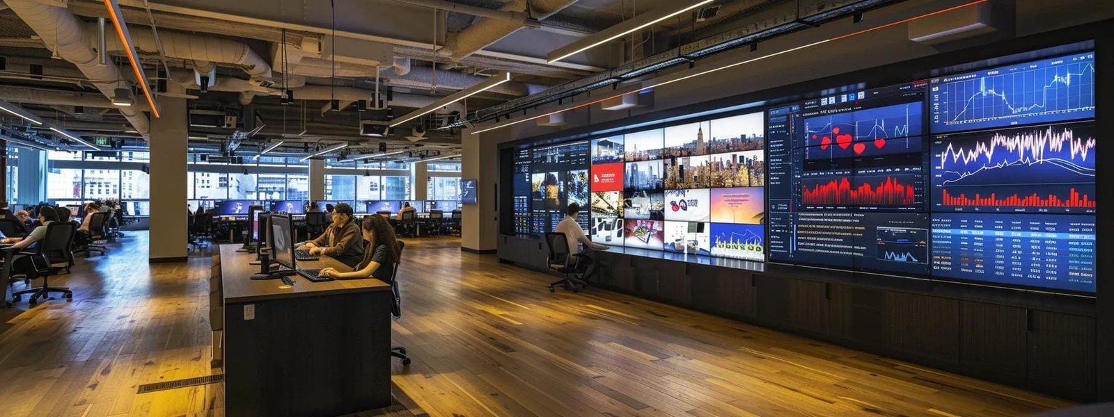 a dynamic, modern new york city ad agency workspace captures a team collaborating over digital marketing strategies, illuminated by sleek overhead lighting, with large screens displaying real-time performance analytics in the background.