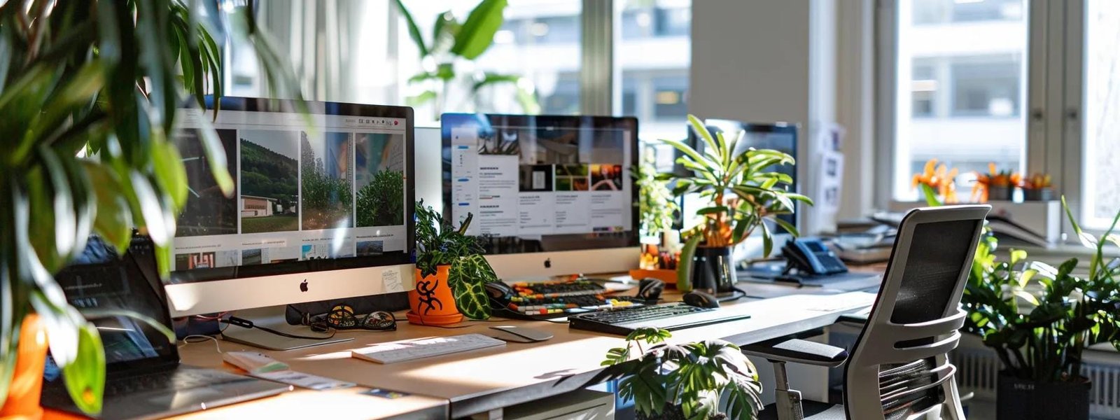 a dynamic, modern office space showcases a sleek workstation with multiple screens displaying user-friendly website designs, highlighting intuitive navigation and responsive layouts to symbolize the optimization of user experience for increased engagement and retention.