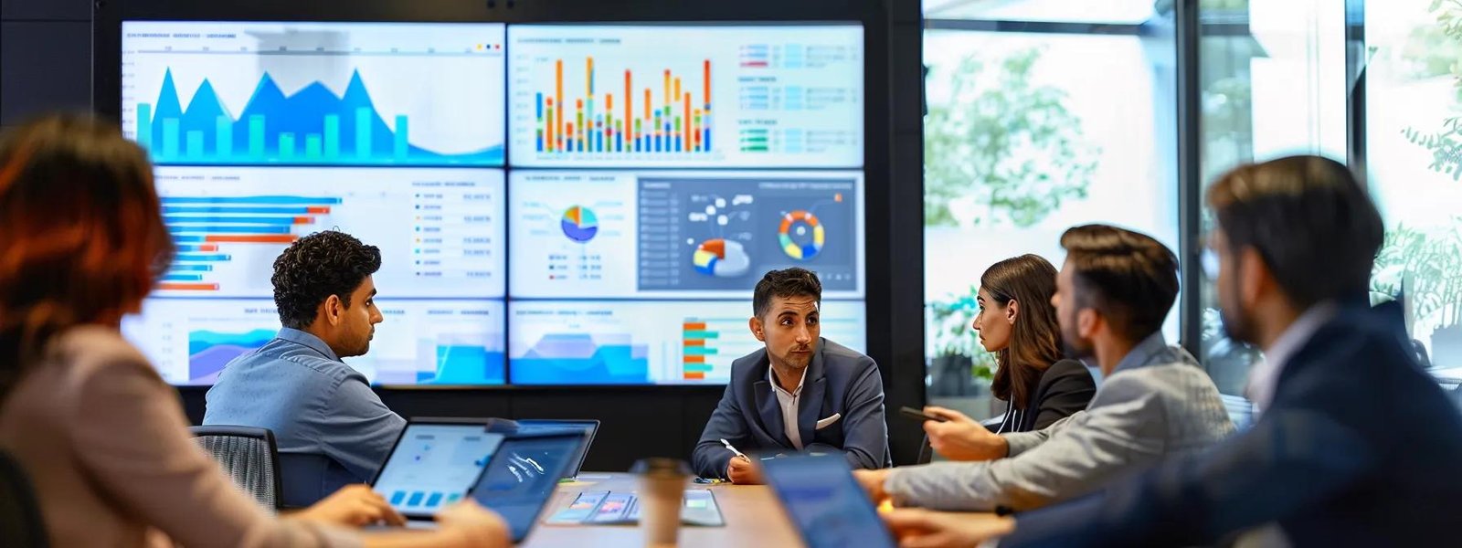 a dynamic office conference room filled with diverse professionals engaged in a heated discussion over a digital marketing strategy, featuring vibrant charts and graphs displayed on large screens to convey the importance of partnering with web marketing agencies for enhanced business success.