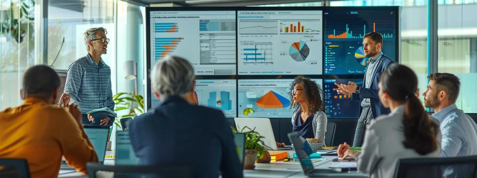 a dynamic office environment showcasing a group of diverse professionals engaged in an interactive digital marketing brainstorming session, surrounded by screens displaying innovative analytics and vibrant social media graphics.