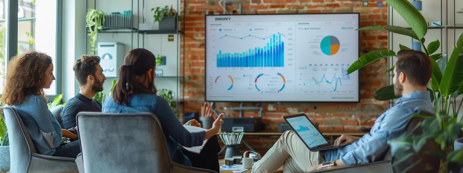 a dynamic office scene featuring a diverse team engaged in a lively discussion around a digital dashboard displaying performance marketing metrics, showcasing vibrant graphs and charts that represent growth and accountability.