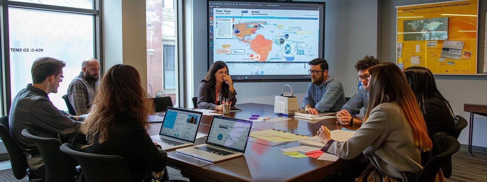 a dynamic office setting featuring a collaborative team of marketing professionals engaged in an animated discussion around a large conference table, with vibrant charts and maps illustrating the importance of local proximity in their marketing strategies.