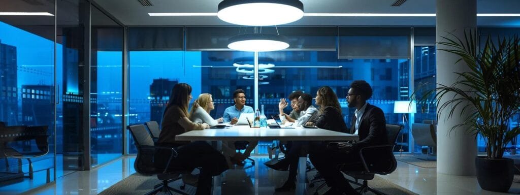 a dynamic office setting, featuring a diverse group of focused professionals engaged in a lively brainstorming session around a sleek conference table, illuminated by modern overhead lighting, conveying urgency and innovation in digital marketing strategies.