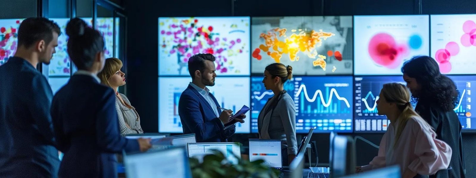a dynamic office setting showcases a diverse team of marketing professionals engaged in a collaborative brainstorming session, surrounded by digital screens displaying analytics and creative concepts that highlight the principles of digital media marketing.