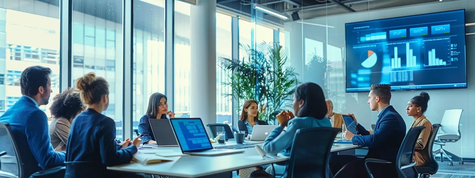 a dynamic office setting showcases a diverse team of marketing professionals engaged in animated discussions around a sleek conference table, with digital analytics displayed on large screens, highlighting the collaborative synergy with a performance marketing agency.