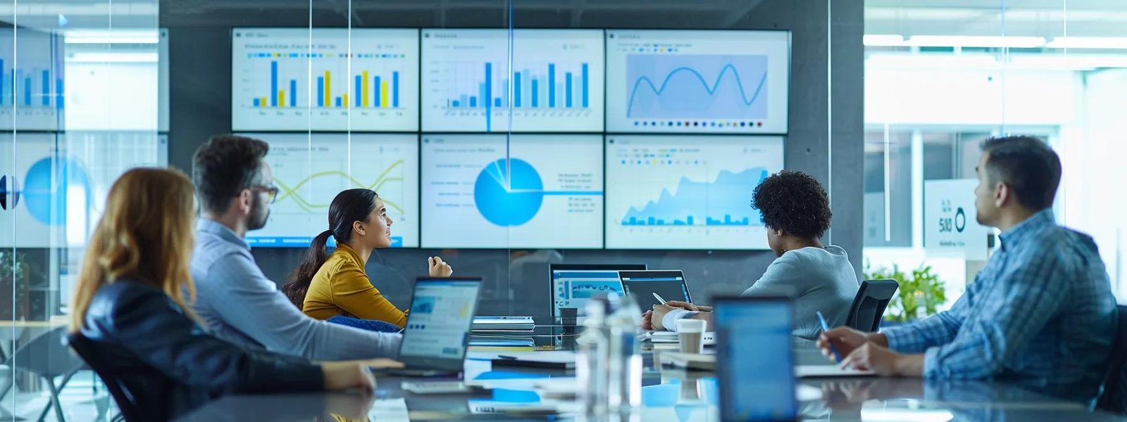 a dynamic office workspace bustling with diverse professionals brainstorming around a sleek conference table, surrounded by digital marketing charts and strategies on screens, encapsulating a collaborative approach to overcoming digital marketing challenges.