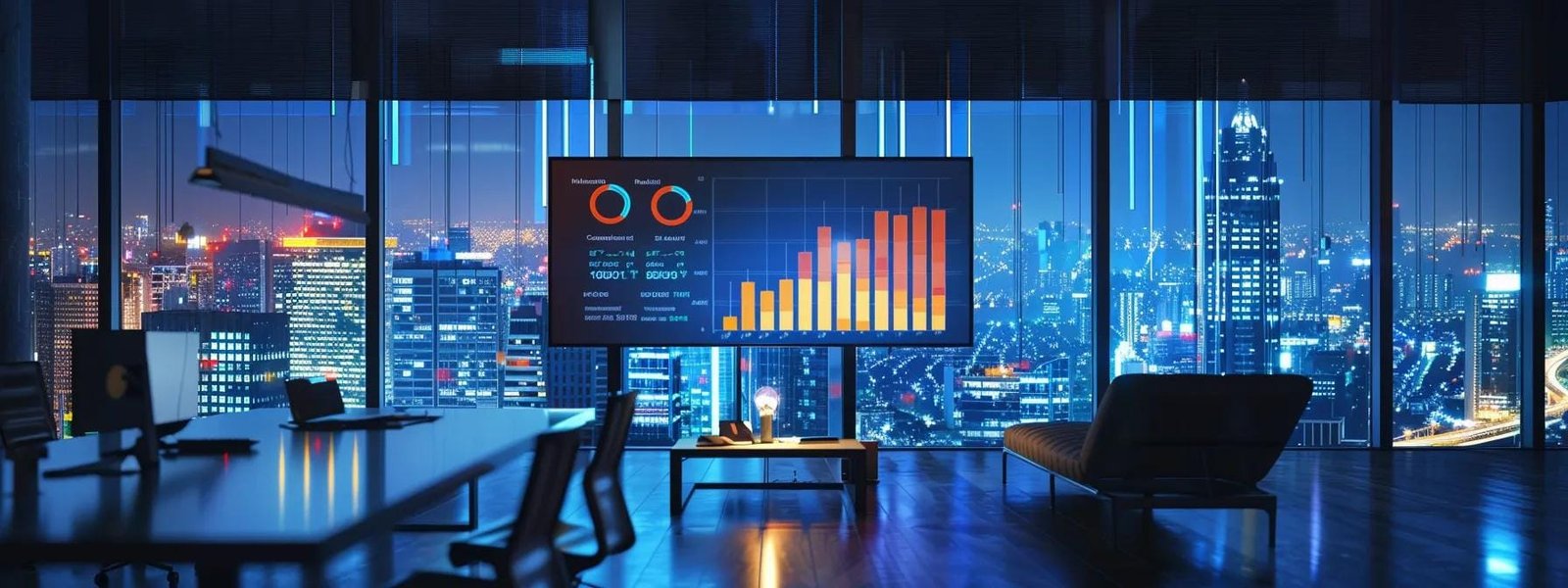 a dynamic office workspace showcases a large screen displaying colorful graphs and analytics, symbolizing the critical comparison of mastering seo versus facebook ads for online business growth, illuminated by sleek, modern lighting.