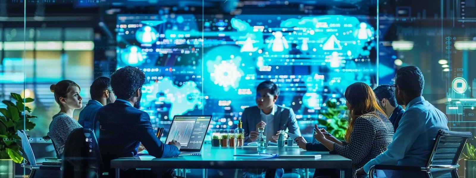 a dynamic urban office environment showcases a diverse group of local marketing professionals engaged in a strategic discussion around a sleek conference table, with vibrant digital graphics illustrating market trends prominently displayed on screens in the background.