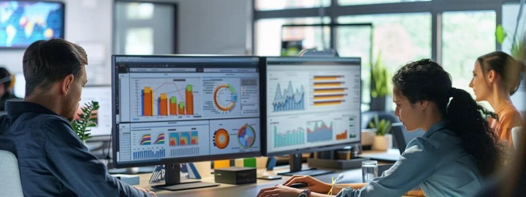 a dynamic urban office scene captures a marketing team analyzing data on dual monitors, intensively debating the effectiveness of seo versus facebook ads, with vibrant charts and graphs illuminating their strategy session.