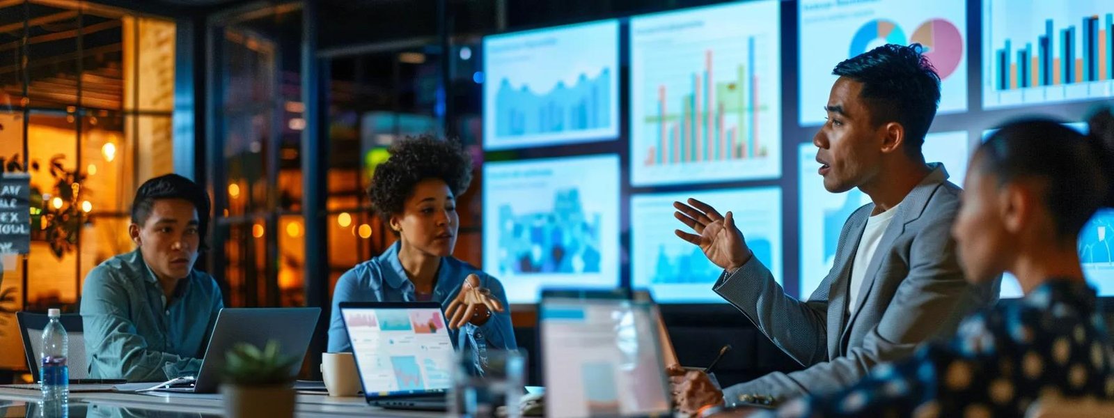 a dynamic urban office setting showcases a diverse team engaged in a vibrant brainstorming session, surrounded by digital screens displaying data-driven insights and market analytics, symbolizing strategic targeted marketing efforts to unlock new opportunities.