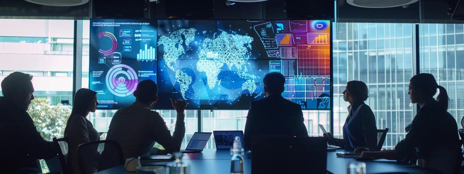 a dynamic urban office space is filled with professionals engaged in animated discussions around digital screens displaying vibrant infographics and content strategies, illustrating the impactful role of content-driven lead generation in modern marketing.