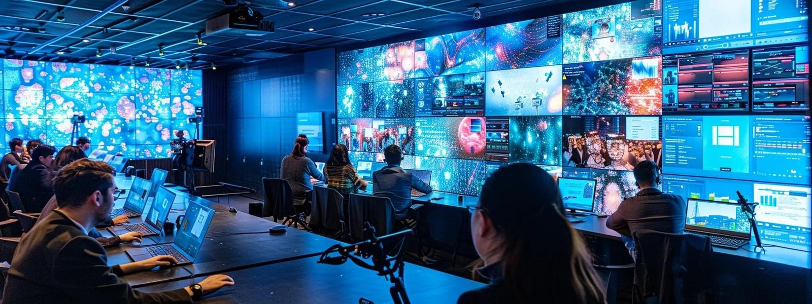 a dynamic urban workspace is buzzing with professionals engaged in various digital media activities, surrounded by vibrant screens displaying audio, video, and interactive content, capturing the essence of a multifaceted digital landscape.