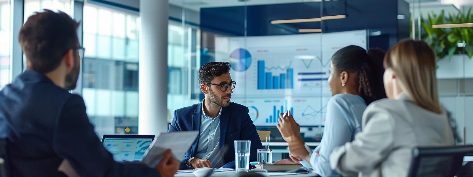 a focused business meeting in a modern office space showcases a diverse group of professionals engaging in a dynamic discussion about local marketing strategies, with a large digital screen displaying community trend analytics in the background.