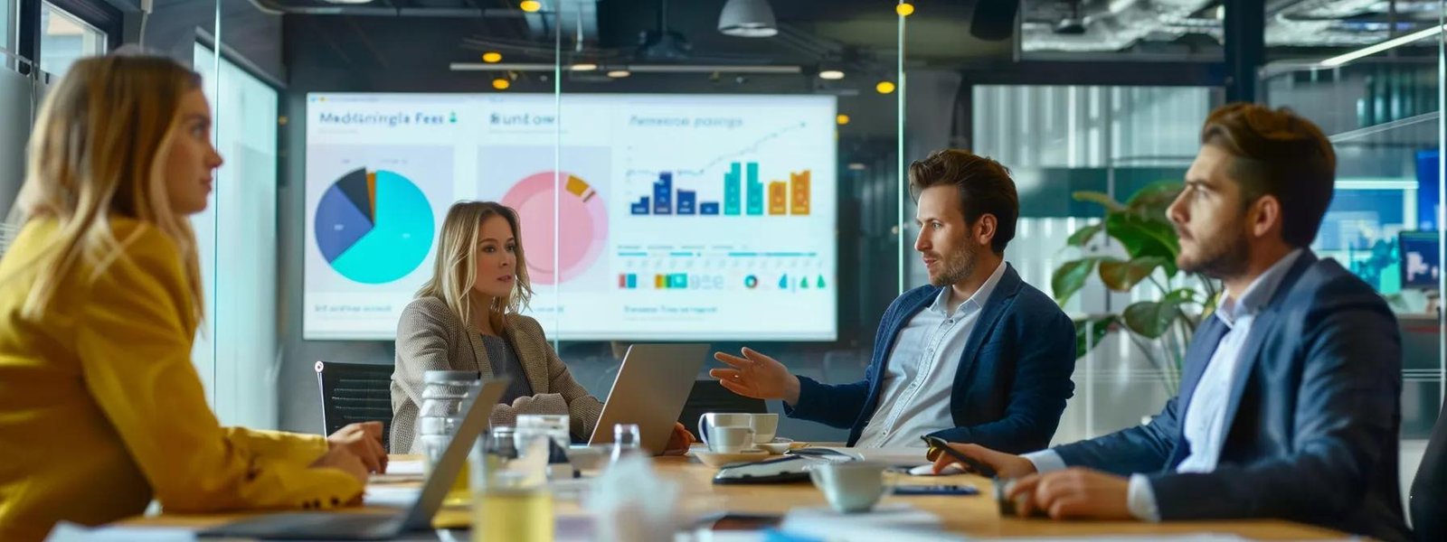 a focused business meeting scene in a modern office, featuring a diverse group of professionals engaged in a lively discussion around a sleek conference table, with a digital presentation on the wall illustrating marketing strategies and goals.