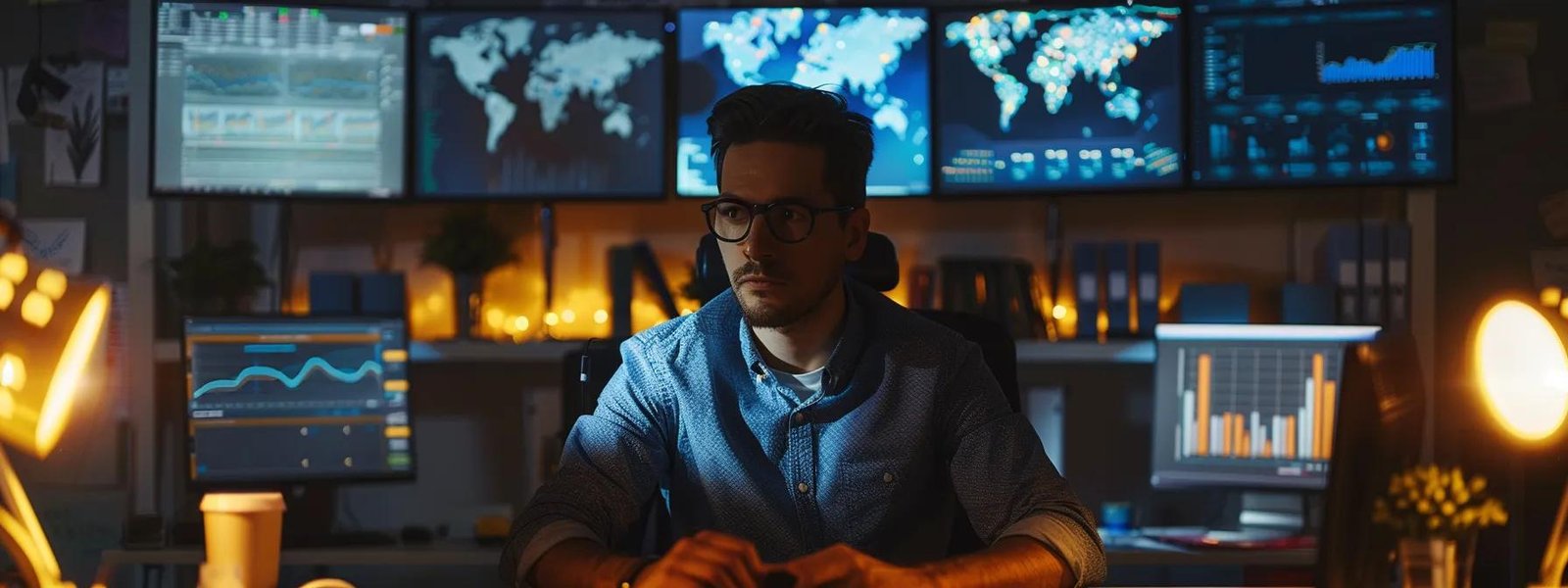 a focused digital marketer sits at a sleek, modern office desk, surrounded by multiple screens displaying vibrant analytics and marketing strategies, immersed in a moment of intense learning and planning, illuminated by soft artificial light.