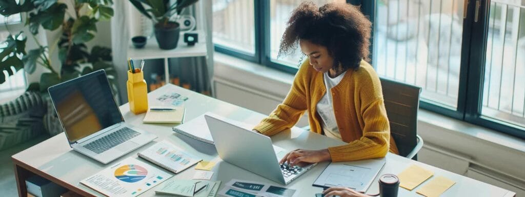 a focused individual sits at a sleek office desk, intently reviewing a digital marketing course comparison chart on a laptop, surrounded by practical study materials and a budget planner, conveying a sense of determination and strategic planning.