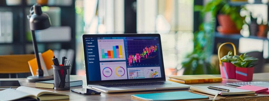 a focused scene in a sleek, modern office with a laptop open to a vibrant facebook ads dashboard, surrounded by notebooks and marketing materials, highlighting the dynamic process of selecting the ideal beginner course for digital advertising success.