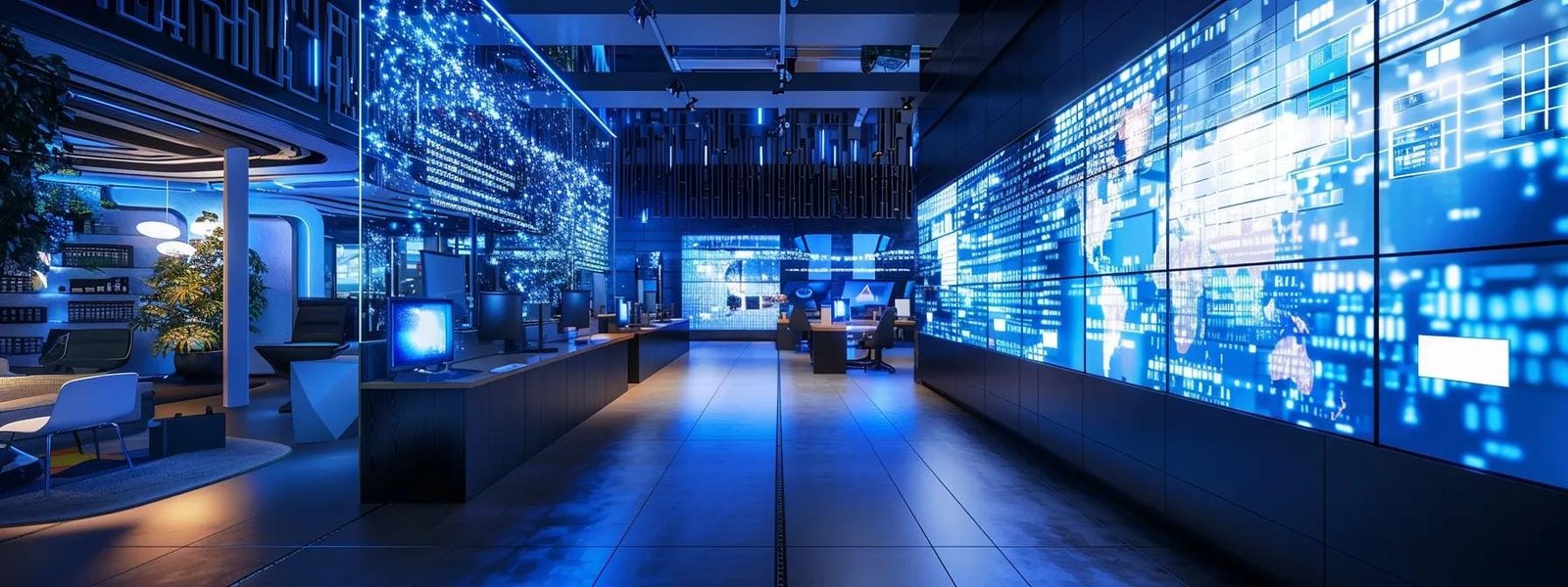 a futuristic office space filled with advanced digital screens displaying dynamic data and graphics, illuminated by sleek led lighting, embodies the innovative potential of the evolving digital media industry.