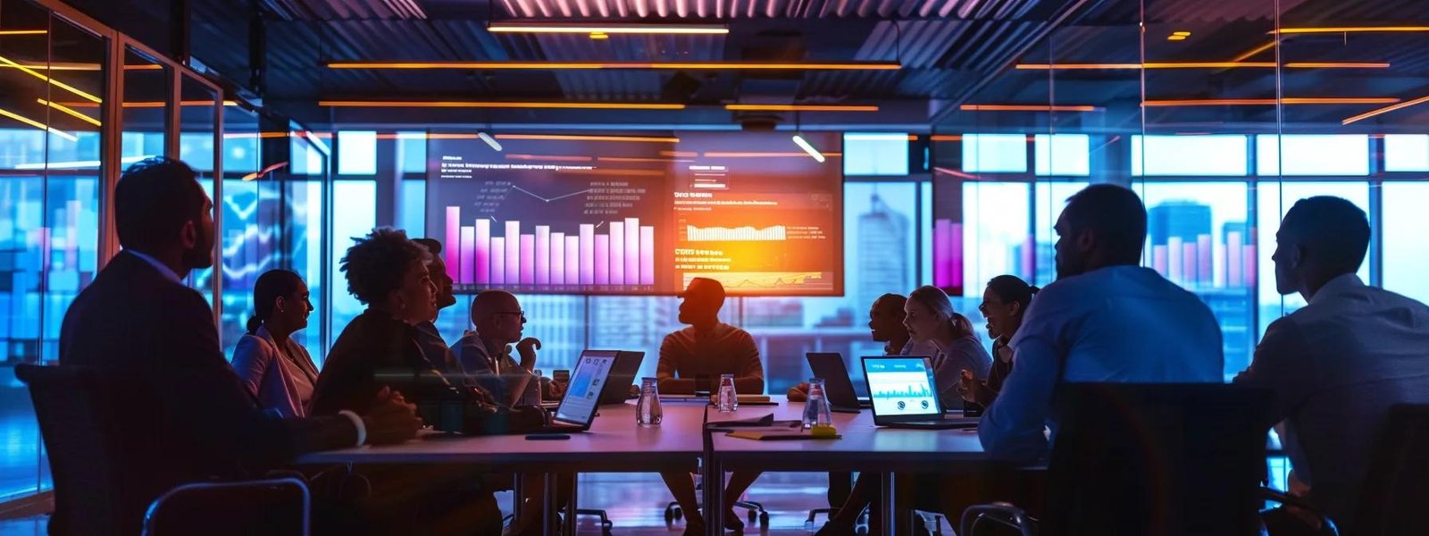 a high-contrast image of a modern conference room where a diverse group of small business owners is engaged in a focused discussion, surrounded by colorful charts and digital screens displaying marketing analytics and key performance indicators.