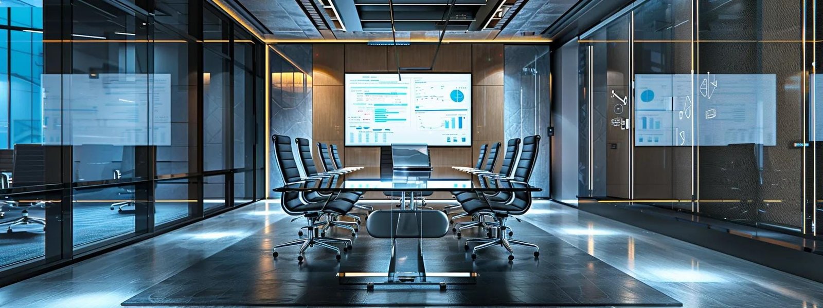 a modern conference room, featuring a large glass table surrounded by sleek chairs, showcases a digital presentation on a screen detailing a collaborative marketing strategy, emphasizing teamwork and transparency in the partnership process.