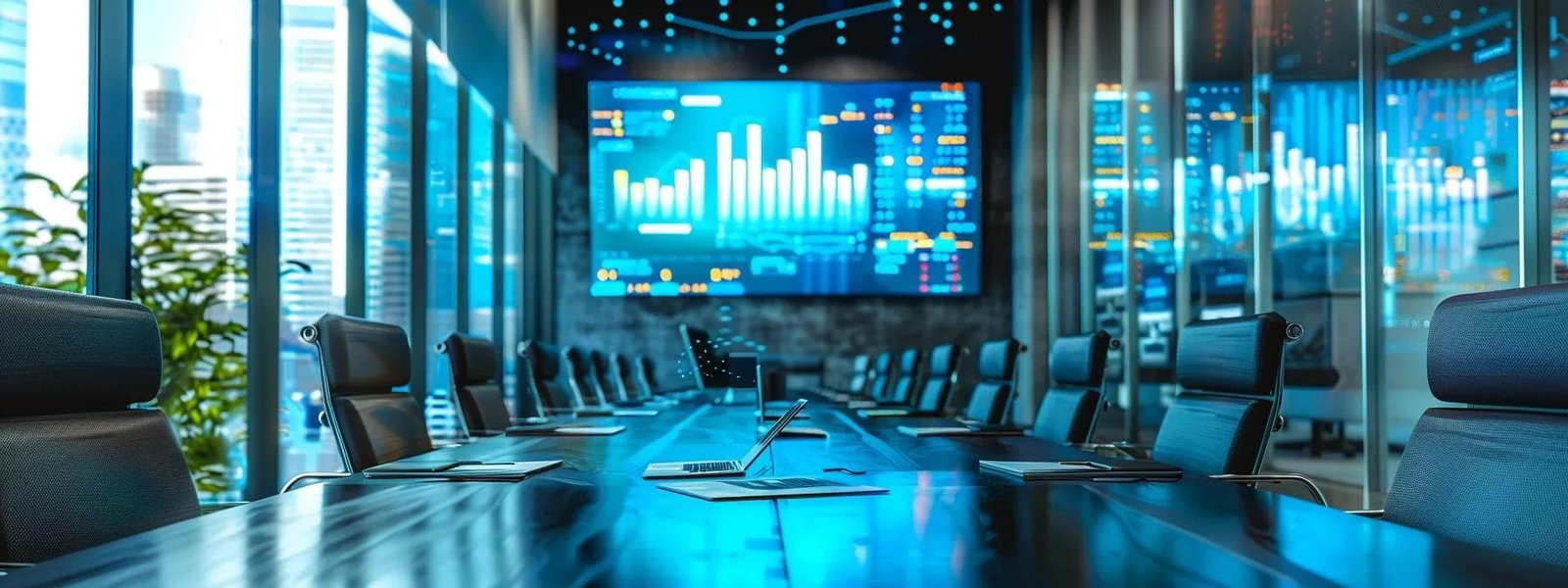 a modern office environment features a sleek conference table surrounded by vibrant marketing visuals and strategic infographics, symbolizing the impactful long-term benefits of consistent marketing investment.