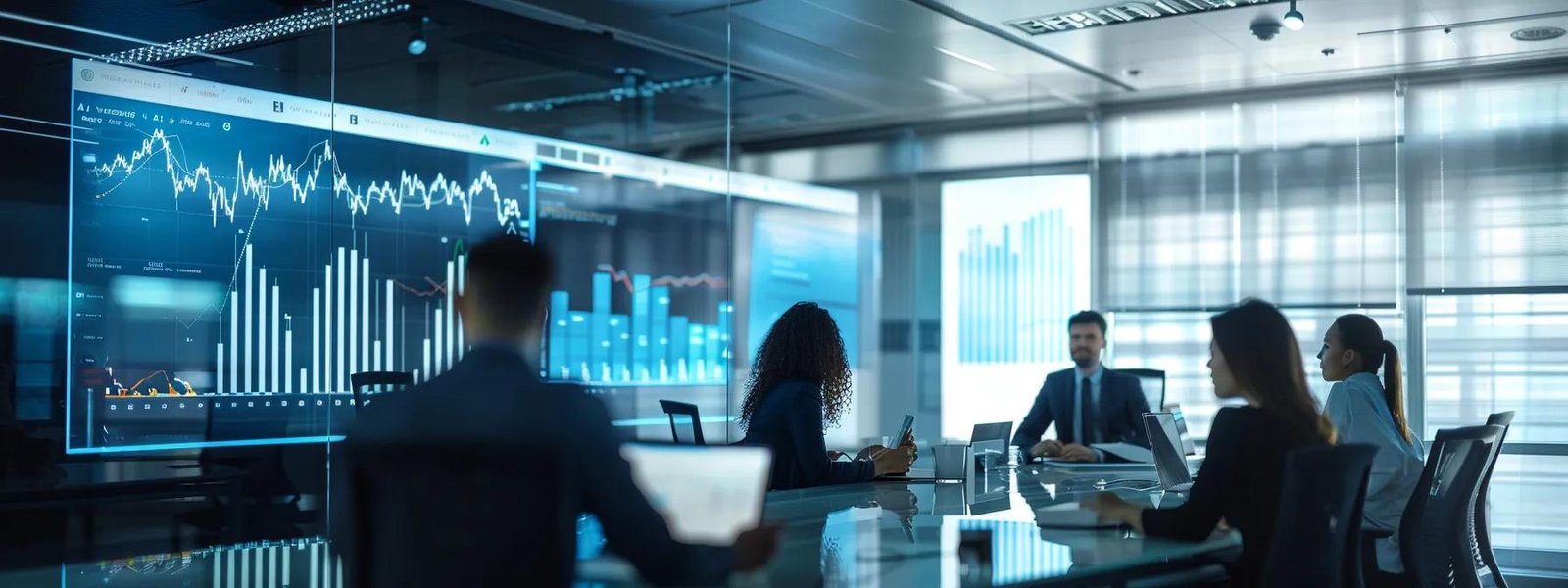 a modern office filled with digital charts and graphs on large screens, capturing a focused team collaborating effortlessly to analyze and enhance their email marketing strategies amidst a sleek, high-tech environment.