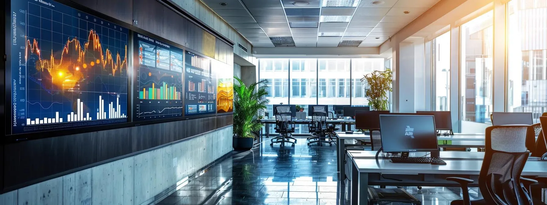 a modern office filled with sleek digital displays showcasing vibrant data visualizations and graphs, highlighting the strategic use of data analytics to drive informed marketing decisions.