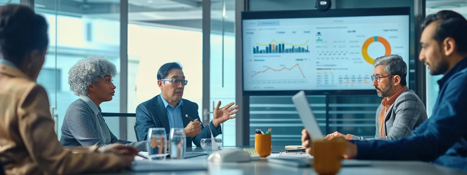 a modern office setting features a diverse team of professionals gathered around a sleek conference table, intensely discussing a vibrant digital presentation that highlights engaging customer messaging strategies with bold graphics and data insights.