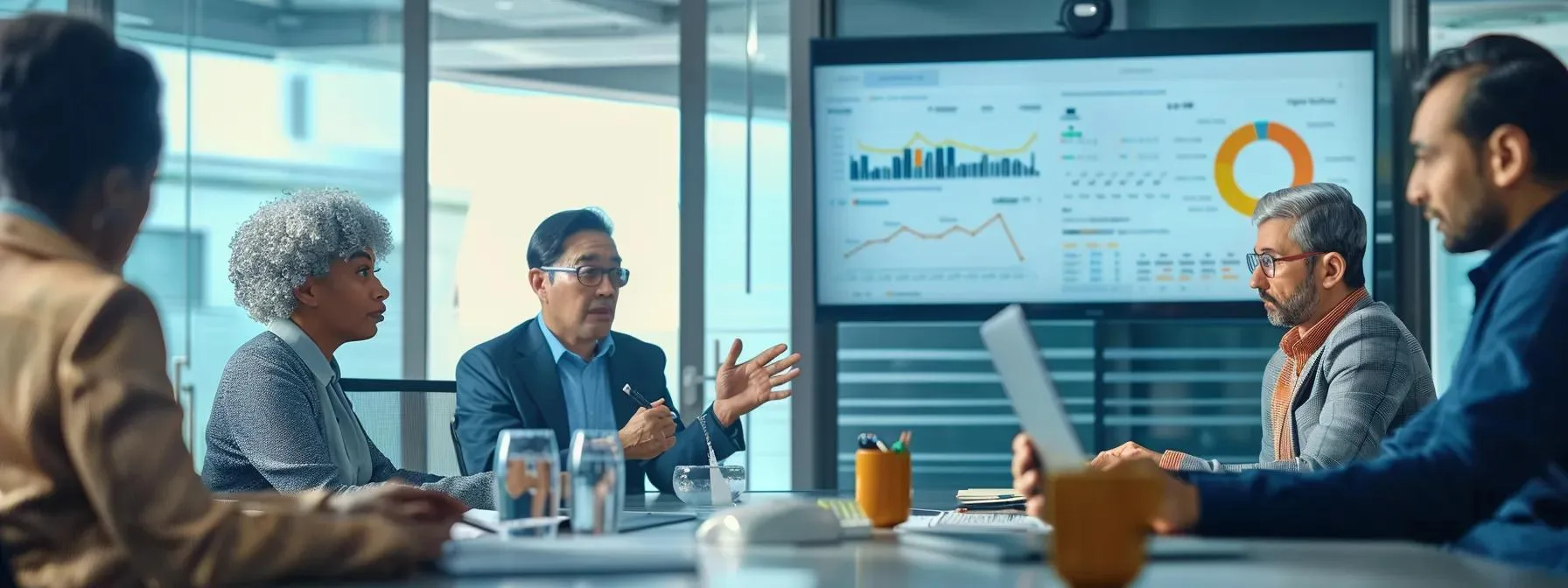 a modern office setting features a diverse team of professionals gathered around a sleek conference table, intensely discussing a vibrant digital presentation that highlights engaging customer messaging strategies with bold graphics and data insights.