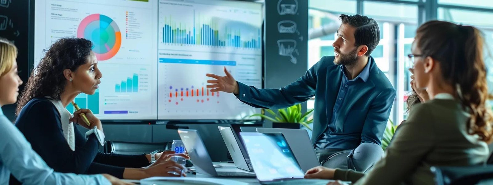a modern office setting featuring a diverse team of professionals engaged in a collaborative discussion around a digital marketing strategy presentation, with vibrant charts and analytics displayed on a large screen emphasizing hibu's innovative approach to boosting local businesses' success.