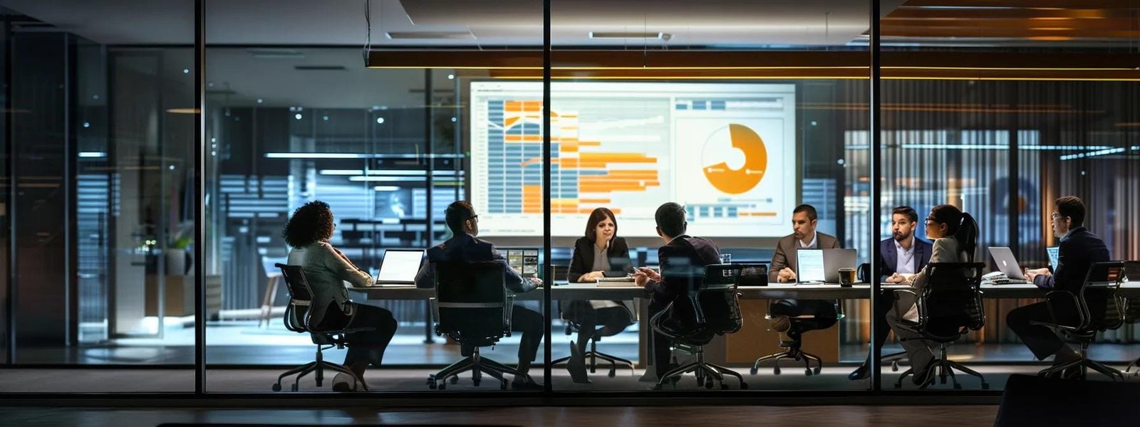 a modern office setting showcases a focused business meeting, with a diverse group of professionals engaging in a dynamic discussion around a large conference table, illuminated by warm, ambient lighting and featuring digital marketing charts projected on screens, symbolizing strategic growth and collaboration for small business success.
