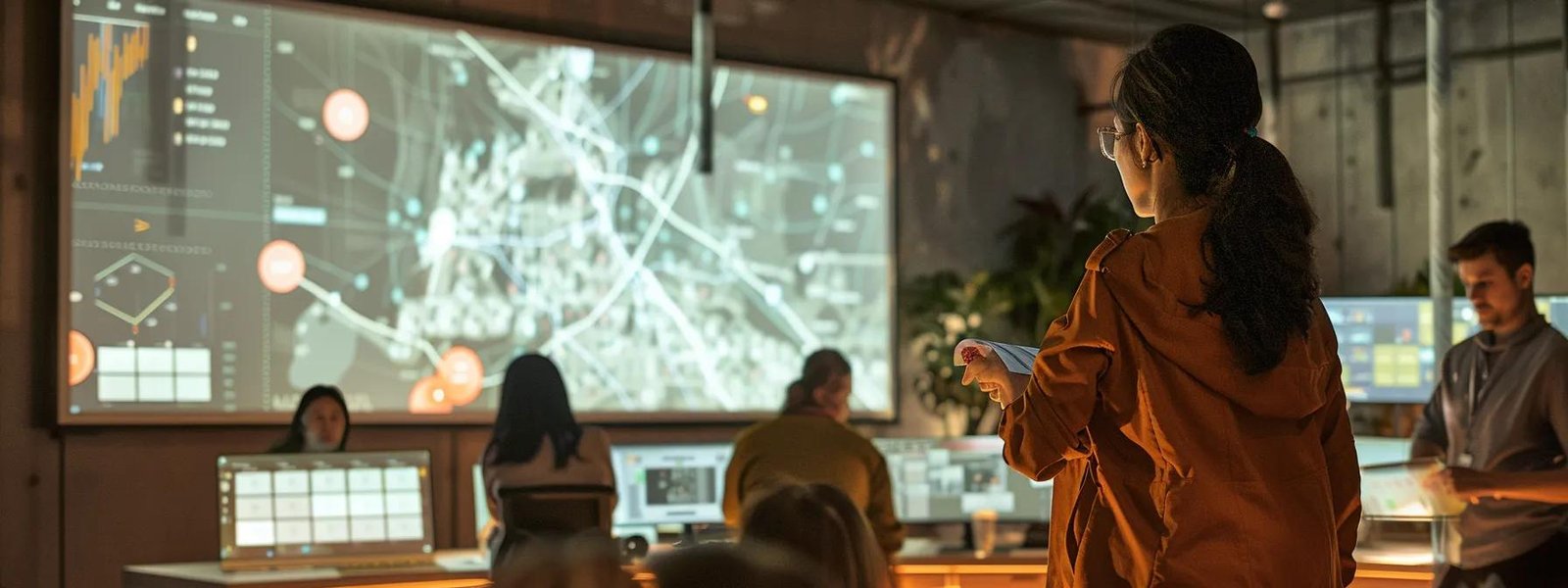 a modern office setting showcases a diverse group of engaged learners intently participating in a digital marketing workshop, surrounded by digital screens displaying course materials and interactive elements, illuminated by bright, focused lighting that emphasizes the dynamic educational atmosphere.