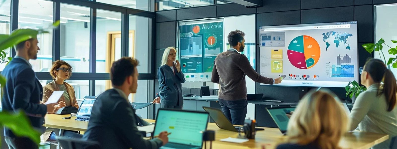 a modern office space buzzes with focused professionals collaborating around sleek digital devices and large interactive screens, showcasing the practical application of cutting-edge digital marketing strategies in action.