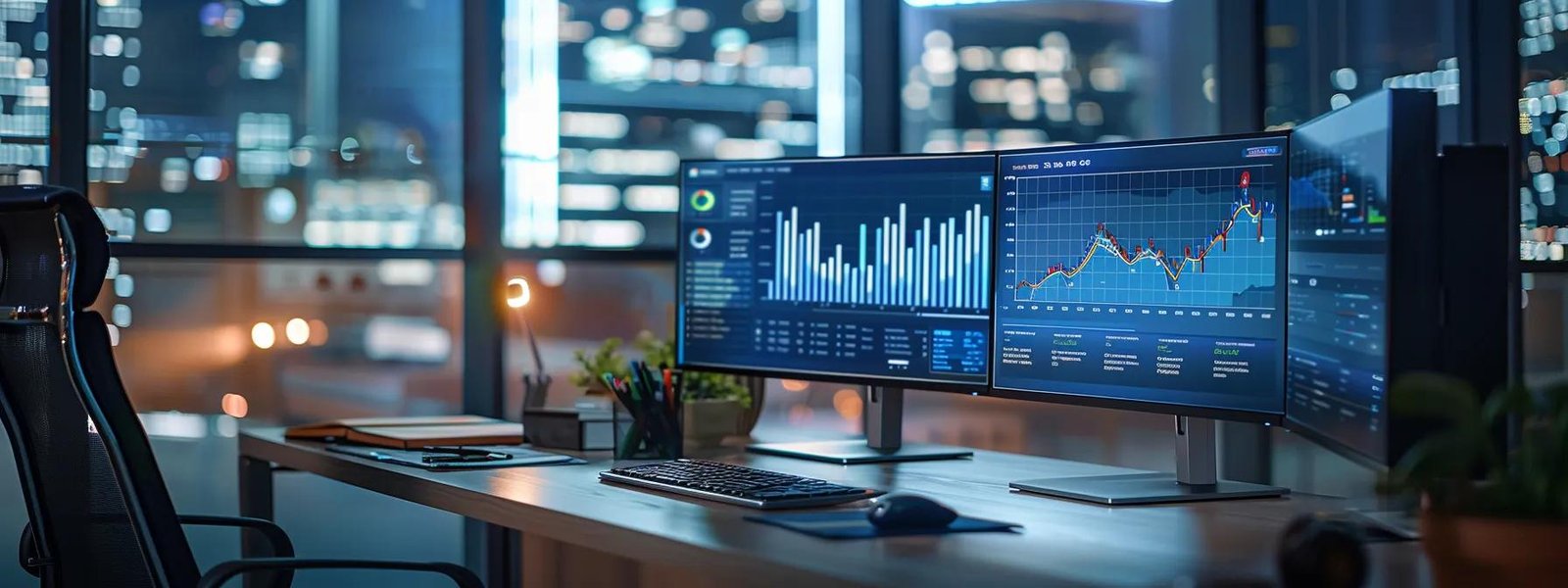 a modern office space features a sleek desk with multiple digital screens displaying graphs and analytics, illustrating the dynamic process of strategic content creation driving digital marketing success.