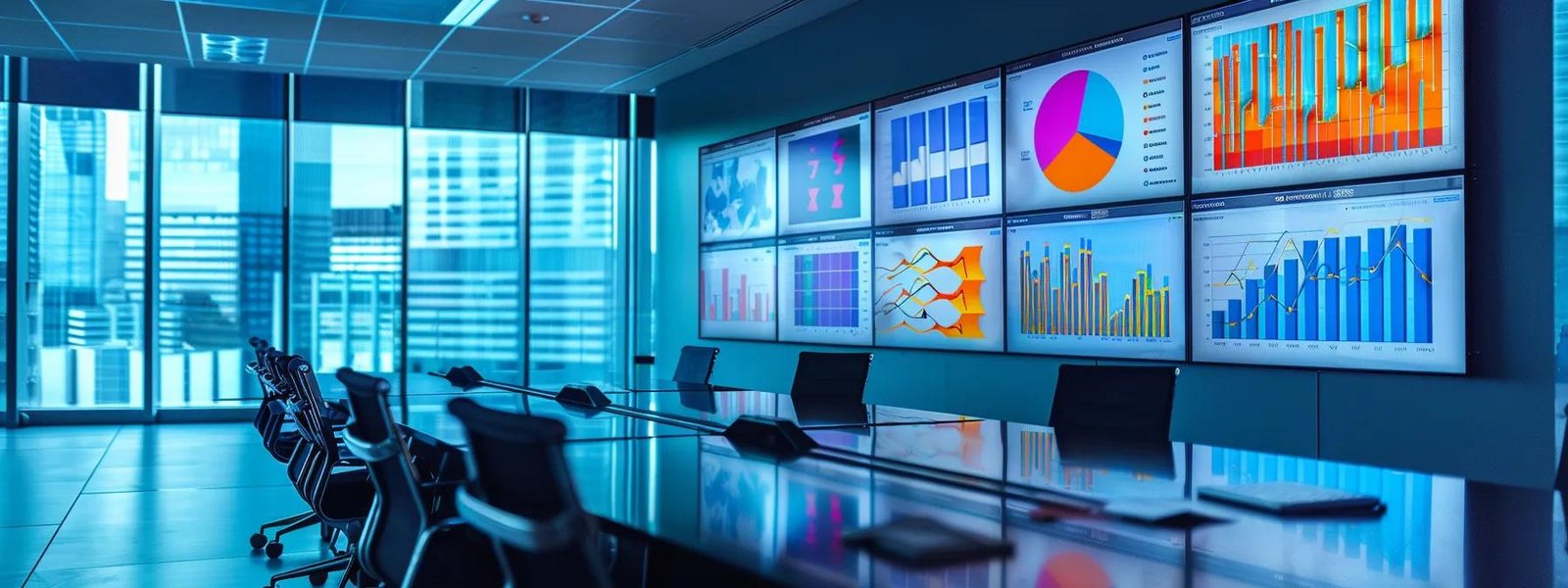a modern office space features a sleek conference table covered in color-coded charts and digital devices, emphasizing the strategic analysis and collaboration necessary for effective budgeting and outcome measurement in digital marketing campaigns.