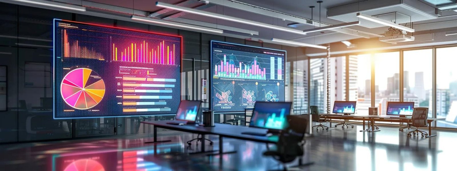 a modern office space filled with vibrant screens displaying dynamic marketing analytics and trends, illustrating the fast-paced evolution of digital marketing technology.