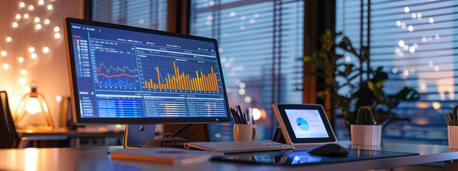 a modern office space showcases a sleek computer screen displaying vibrant analytics graphs and dashboards, illuminated by dynamic led lighting that emphasizes the focus on data-driven web marketing performance analysis.