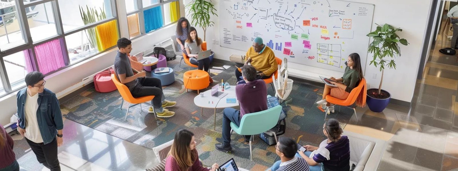 a modern office space showcases a diverse team engaged in a vibrant brainstorming session, surrounded by colorful whiteboards filled with innovative strategies, emphasizing collaboration and creativity within budget constraints.