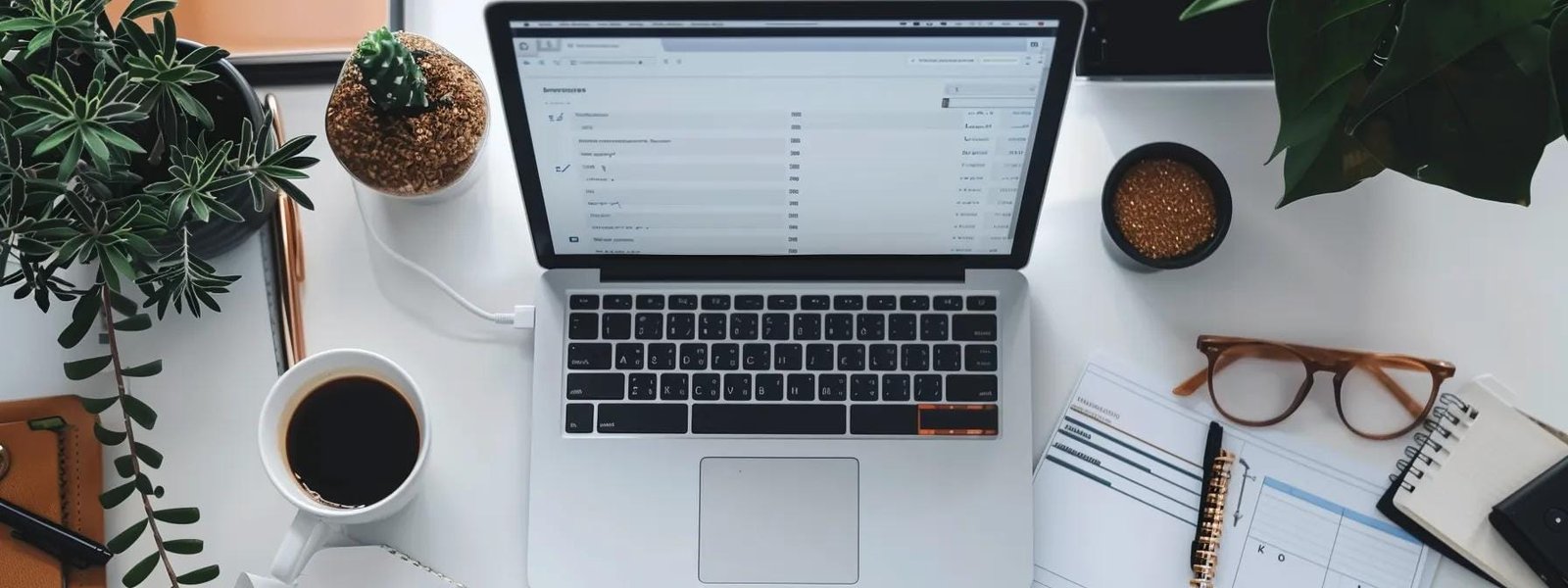 a modern office workspace featuring a sleek laptop open to an email marketing dashboard, surrounded by stylish office supplies, conveying the energetic and focused atmosphere of building an email list from scratch.