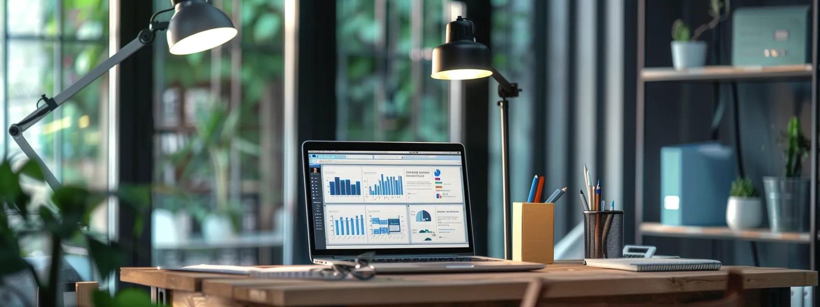 a modern office workspace featuring a sleek laptop displaying an engaging website, surrounded by vibrant digital marketing materials like email templates and social media graphics, all under focused artificial lighting to emphasize the integration of design and strategy.