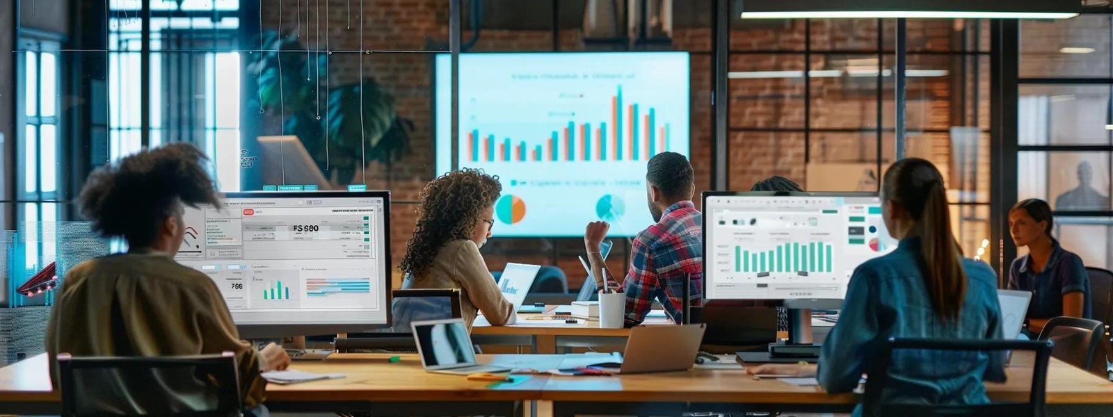 a modern office workspace showcases a sleek digital marketing team engaged in a dynamic brainstorming session, surrounded by vibrant charts and screens displaying analytics, emphasizing a culture of continuous improvement and adaptability.
