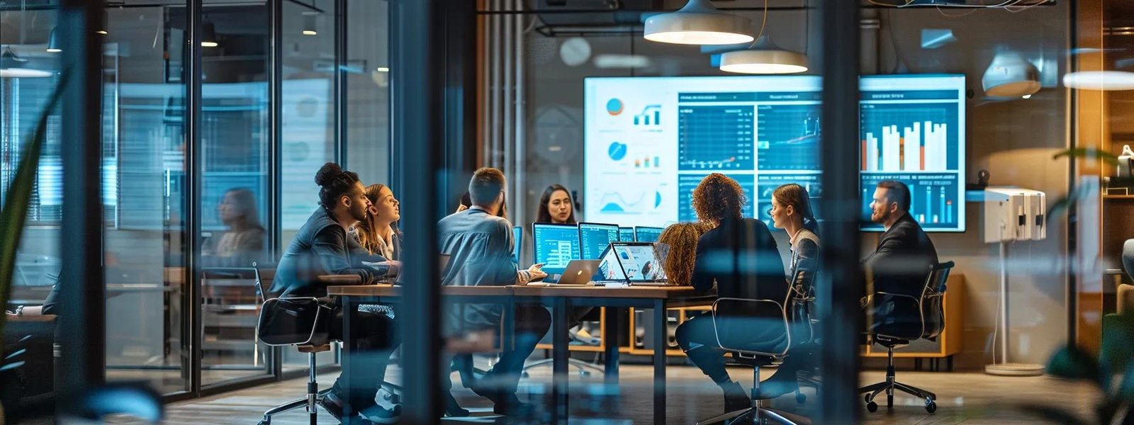 a professional marketing agency office bustling with activity, featuring a sleek conference table surrounded by diverse team members engaged in a strategic discussion, illuminated by bright, focused lighting that highlights their digital marketing plans displayed on modern screens.