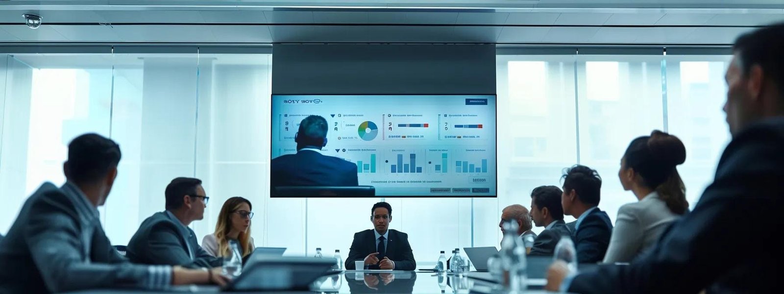 a sleek, modern conference room filled with diverse marketing professionals engaged in an animated discussion, featuring a large digital screen displaying a dynamic marketing strategy flowchart for a product launch in 2025.