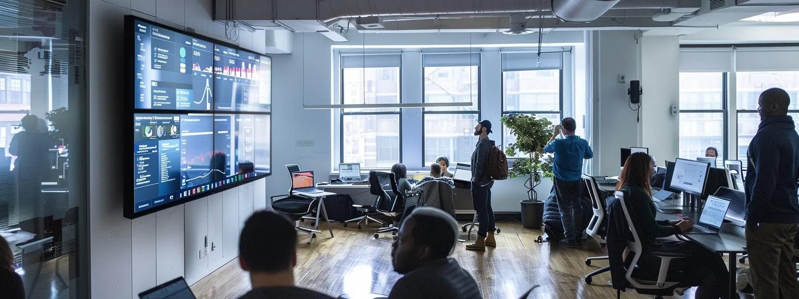 a sleek, modern nyc office space showcases a diverse team of digital marketing professionals intensely collaborating over dynamic data visualizations on large screens, highlighting their strategic focus on driving business growth and enhancing conversion rates.